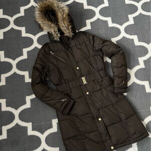 RACHEL ROY excellent Women's Brown Hooded Puffer winter Coat with belt